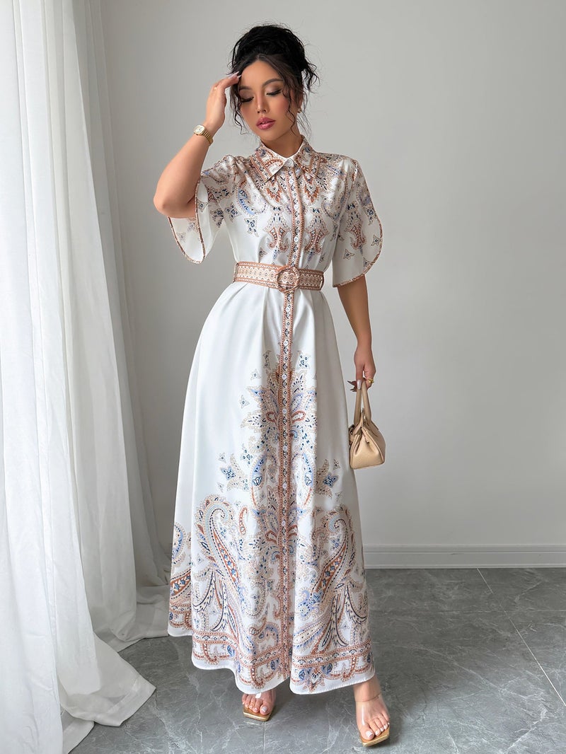 OUTZIDR White Button Down Printed Shirt Dress - Image 3